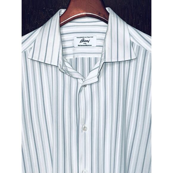 BRIONI WHITE SLATE BLUE STRIPE DRESS SHIRT FRENCH CUFFS 16.5 / L MADE IN ITALY - Picture 1 of 5